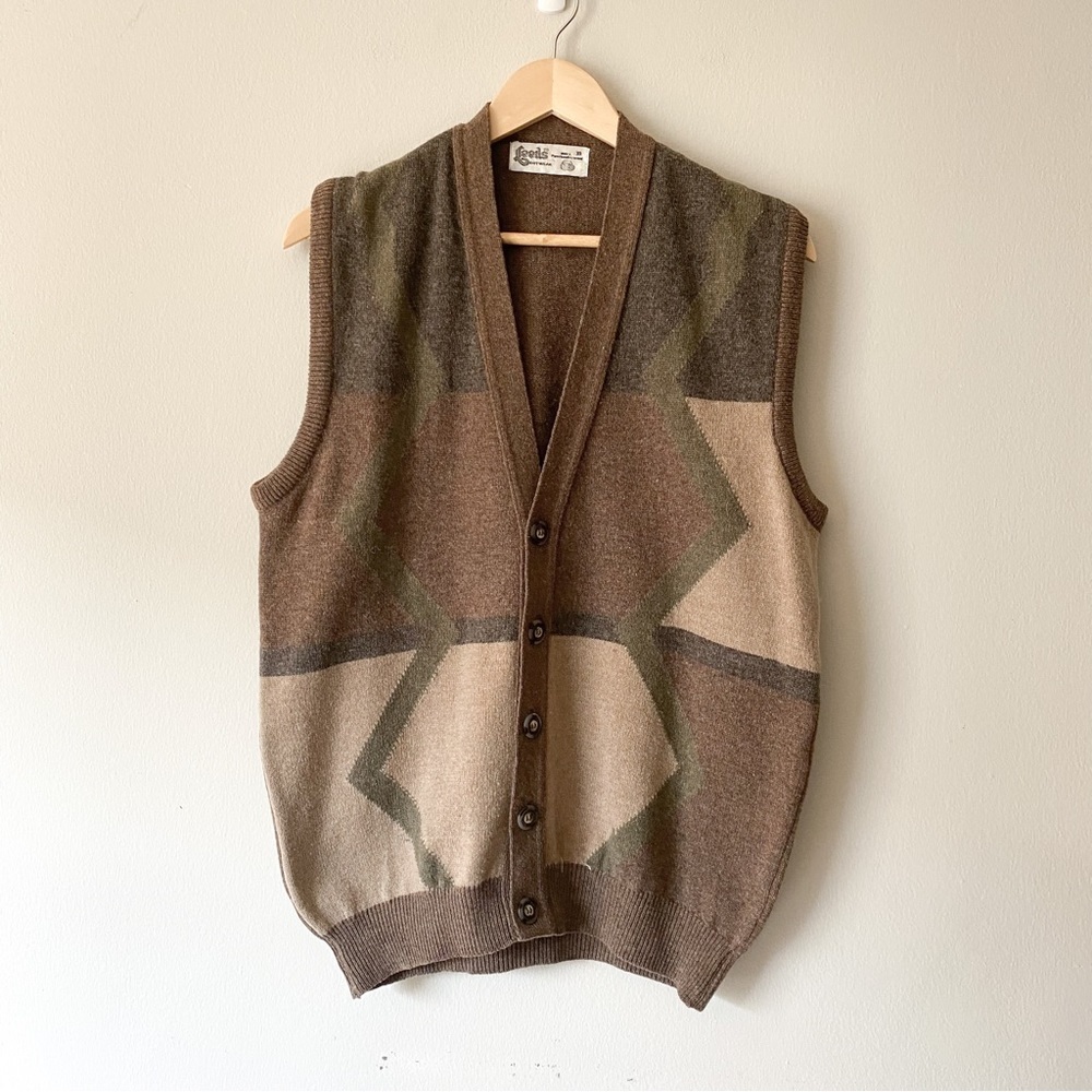 Vintage Leeds 100% Patterned Lambs Wool Oversized Grandpa Vest Medium - Picture 3 of 9